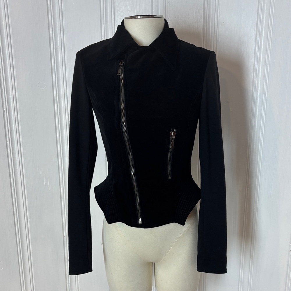 TAHARI Black Velvet & Stretch Cotton Moto Blazer – Size XS (Approx.)